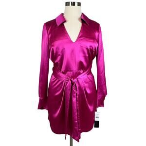 Adrianna Papell Satin Long Sleeve Belted Mini Sheath Cocktail Dress Pink Size 16